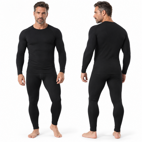 A man modeling a black long-sleeve compression shirt and matching black full-length compression pants, shown from both front and back views against a plain white background.