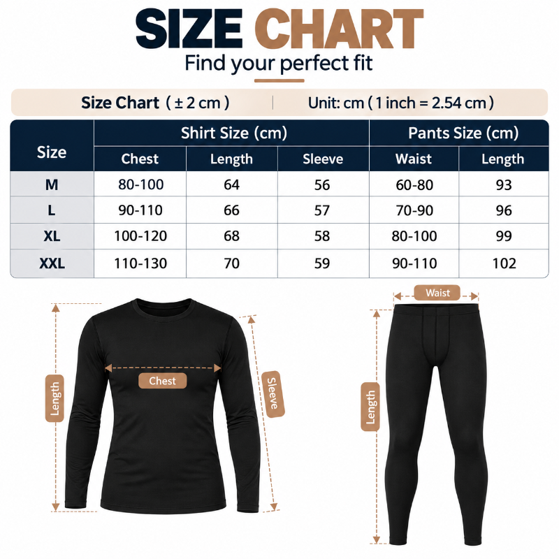 A size chart graphic for a long-sleeve black shirt and matching black pants, showing a size table from M to XXL with chest, sleeve, and pants size measurements in centimeters, plus labeled body-measurement callouts on a black shirt and pants.