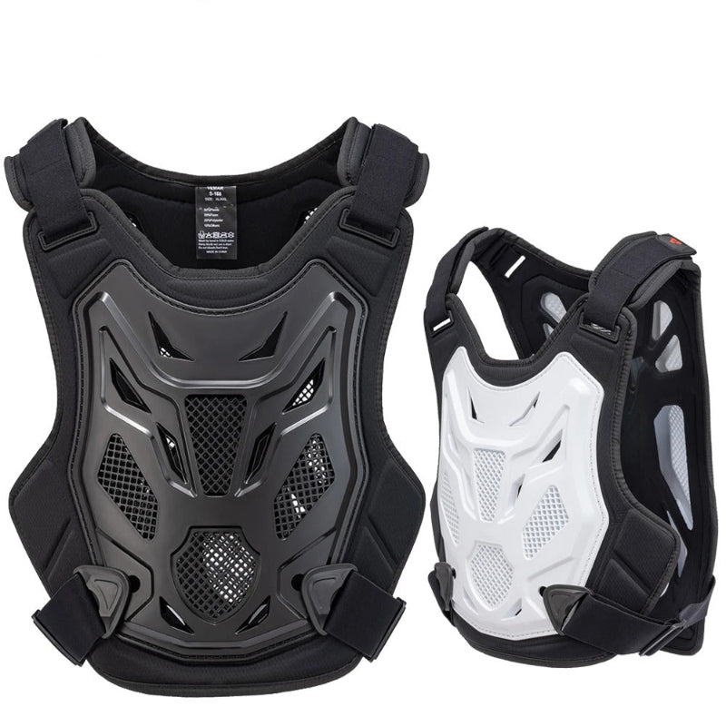 Two motorcycle chest protectors, one black and one white
