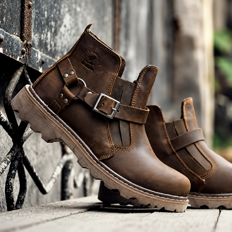 A pair of dark brown leather ankle boots with buckle straps and rugged soles, resting on a weathered wooden surface against a rustic metal gate.
