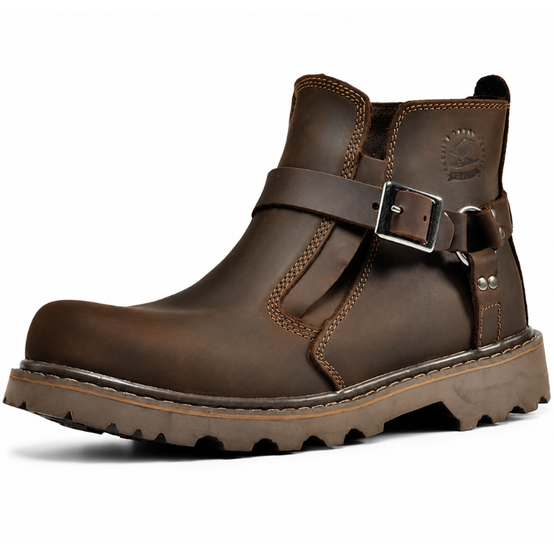 A dark brown leather ankle boot with a buckle strap across the instep and a rugged lug sole, shown from a side profile on a white background.