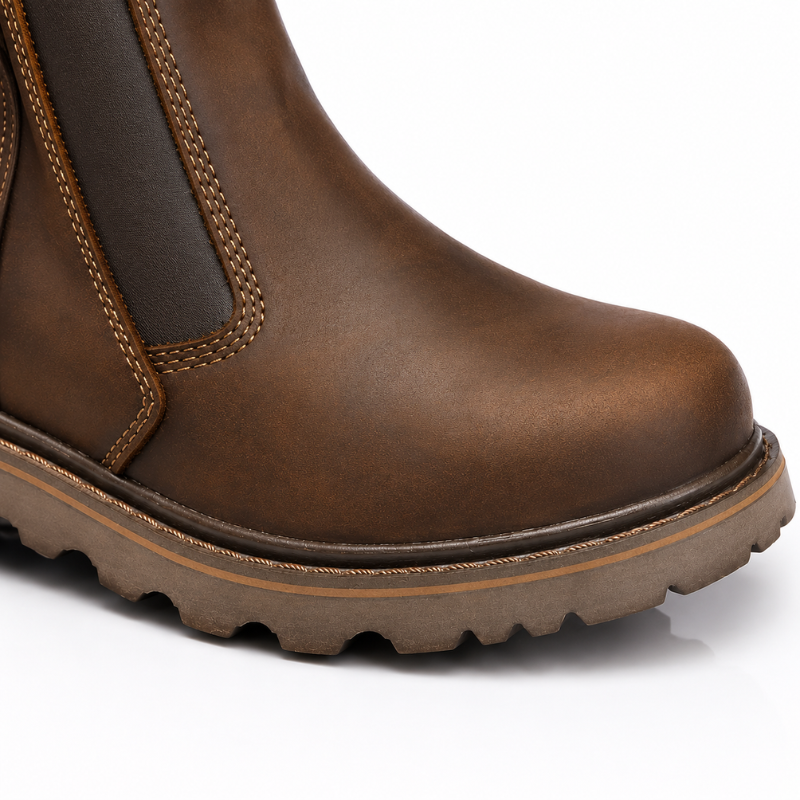 Close-up of a brown leather ankle boot showing the side panel, stitching, and rugged sole against a white background.