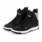 Black athletic shoe with white sole on a white background