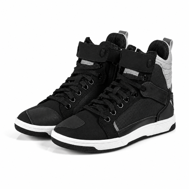 Black athletic shoe with white sole on a white background