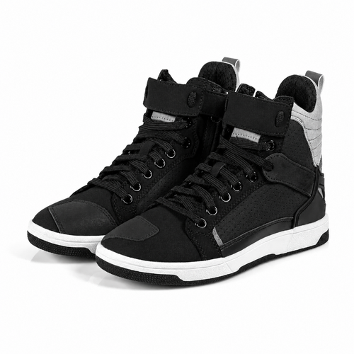 Black athletic shoe with white sole on a white background