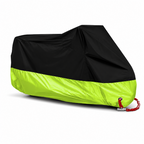 A motorcycle cover with a black top half and a bright neon yellow-green bottom half, shown on a white background with a small red carrying strap attached.