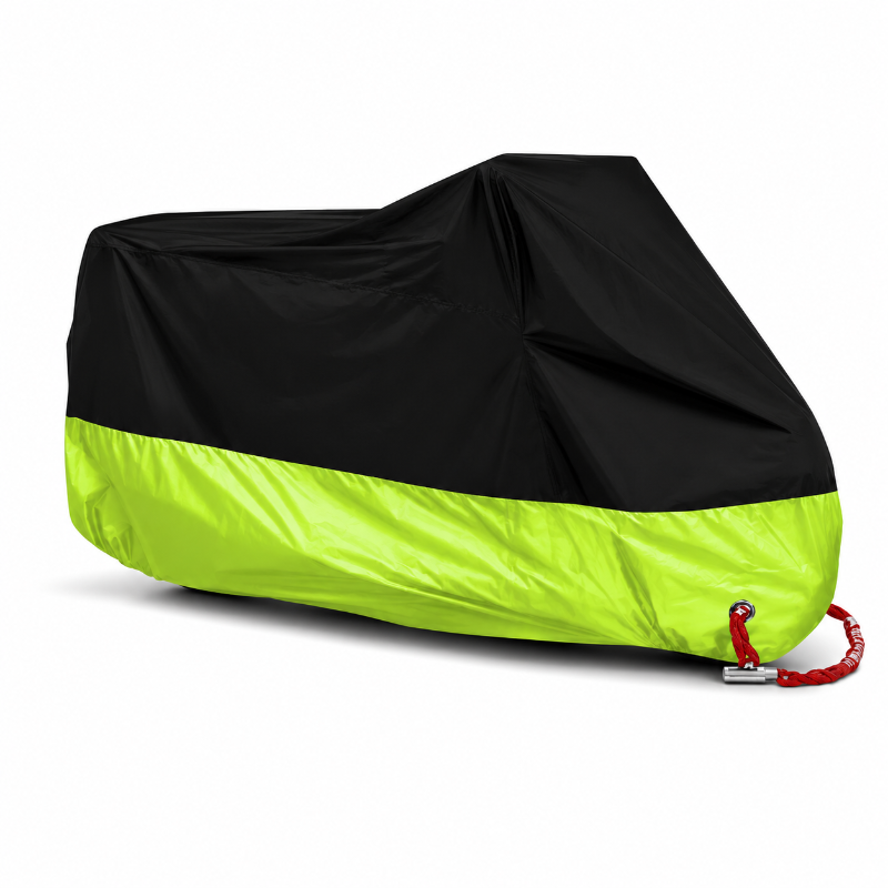 A motorcycle cover with a black top half and a bright neon yellow-green bottom half, shown on a white background with a small red carrying strap attached.