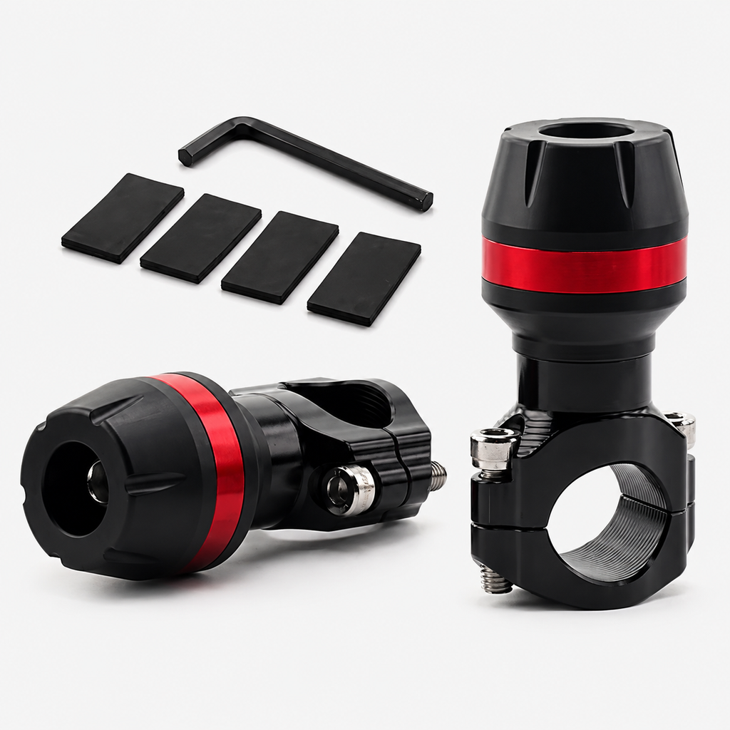 Black and red Motorcycle-Frame-Sliders with four black rubber pads and a black hex wrench, shown on a light gray background.