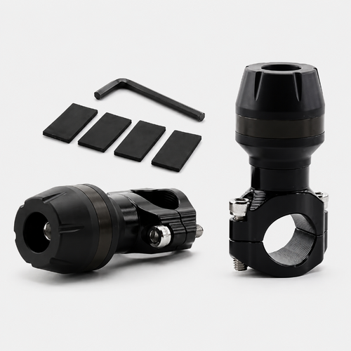 Black metal bike clamp accessory set with a clamp assembly shown upright and angled, a matching clamp piece lying down, four black rubber pads, and a small hex key on a light gray background.