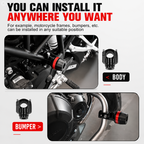 Installation guide graphic showing a black motorcycle side guard with red accent rings, with text stating 'YOU CAN INSTALL IT ANYWHERE YOU WANT' and example photos of mounting positions on a motorcycle frame and bumper.