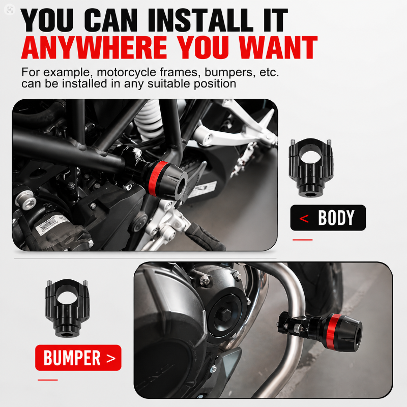 Installation guide graphic showing a black motorcycle side guard with red accent rings, with text stating 'YOU CAN INSTALL IT ANYWHERE YOU WANT' and example photos of mounting positions on a motorcycle frame and bumper.