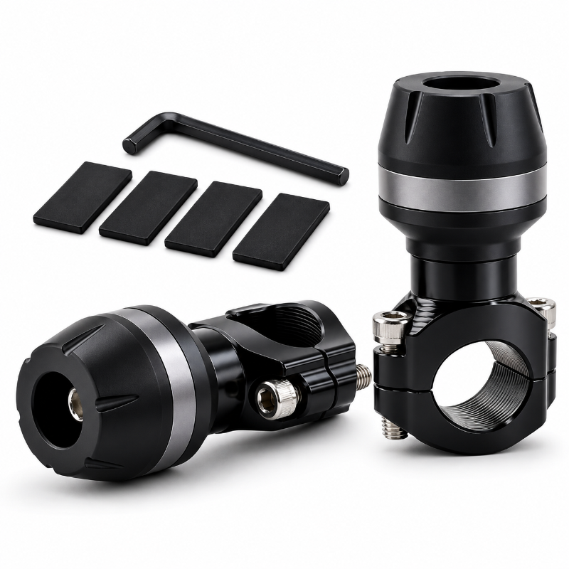 Black bicycle handlebar clamp adapter with silver metal band, shown from multiple angles with four black rubber pads and a small black hex wrench on a white background.