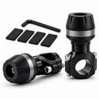 Black bicycle handlebar clamp adapter with silver metal band, shown from multiple angles with four black rubber pads and a small black hex wrench on a white background.