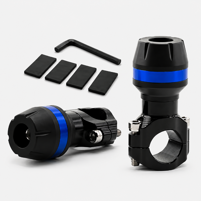 Black bicycle handlebar clamp mount with a blue accent band, shown from two angles alongside four black rubber pads and a black hex key on a light gray background.
