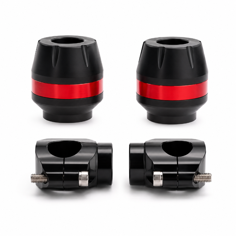 Four black Motorcycle-Frame-Sliders  with a distinctive red metallic band, arranged in a 2x2 grid on a clean white background.