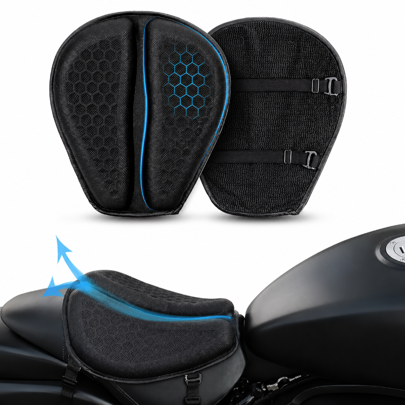 Black motorcycle saddle pad shown from both front and back views, with blue accent lines and a honeycomb texture, plus a lower inset showing the pad installed on a motorcycle seat with blue airflow arrows.