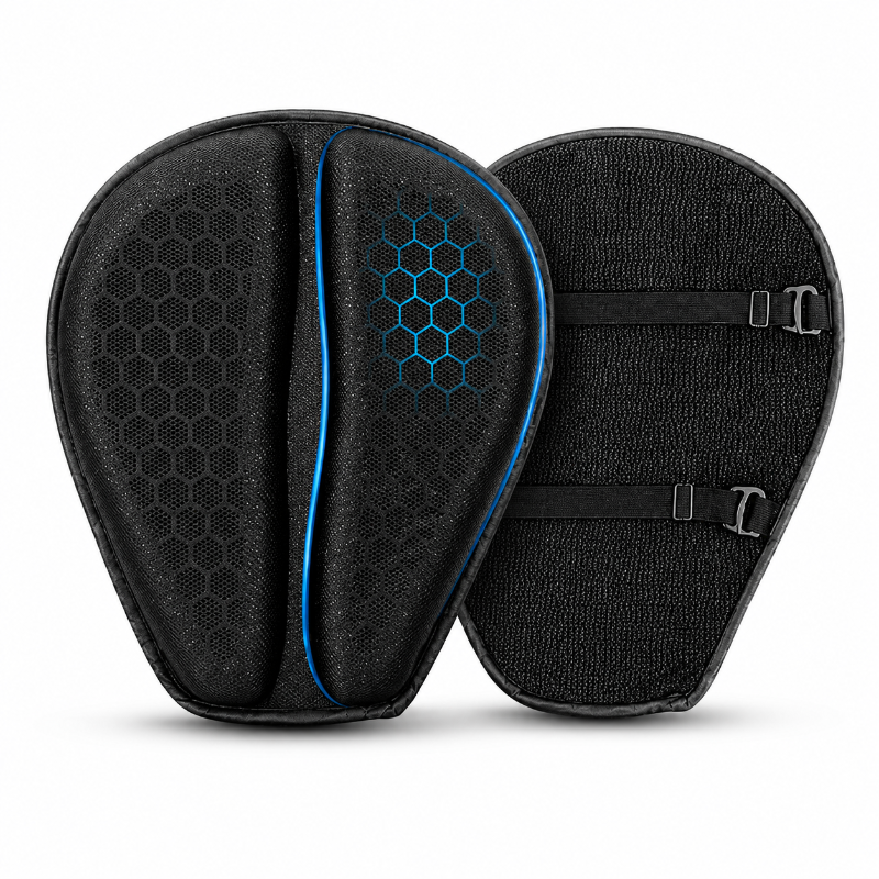 Two black protective sports pads shown on a white background, one displaying the padded front with a blue hexagonal pattern and the other showing the textured back with black straps.