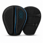 Two black protective sports pads shown on a white background, one displaying the padded front with a blue hexagonal pattern and the other showing the textured back with black straps.