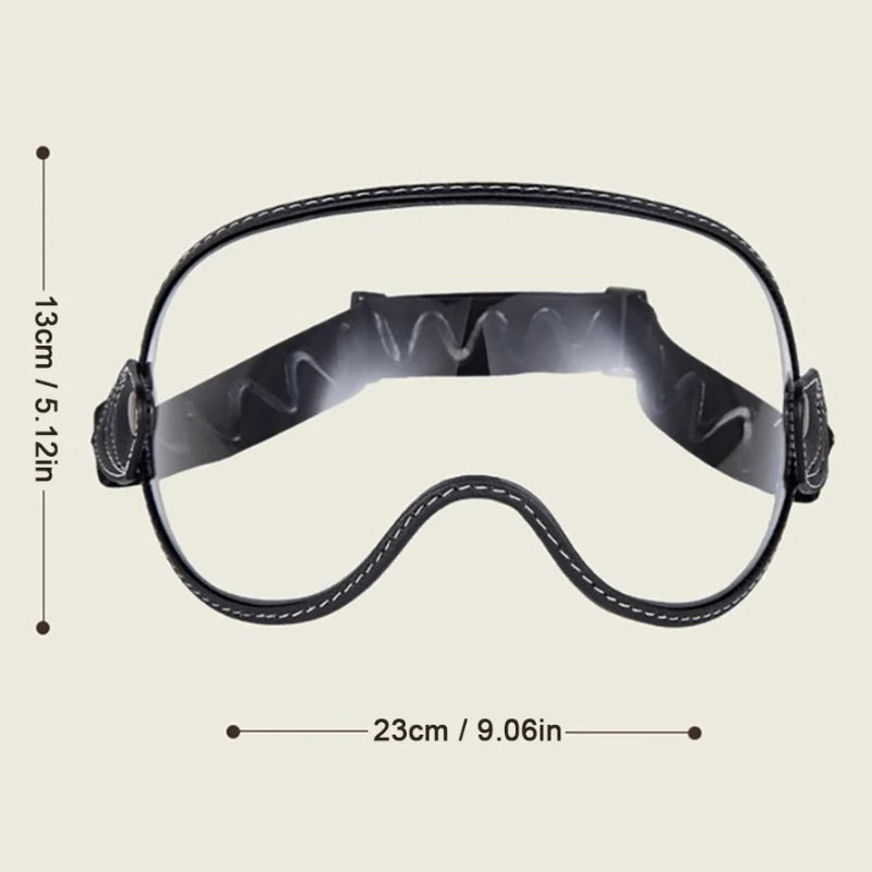 Product information graphic showing a pair of protective goggles with dimensions labeled as 13cm / 5.12in height and 23cm / 9.
