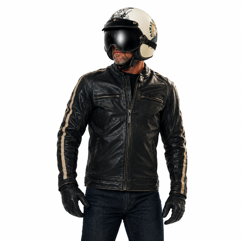 A man wearing a black leather motorcycle jacket with beige stripe details on the sleeves, black gloves, and a cream-colored open-face motorcycle helmet, shown against a plain white background.