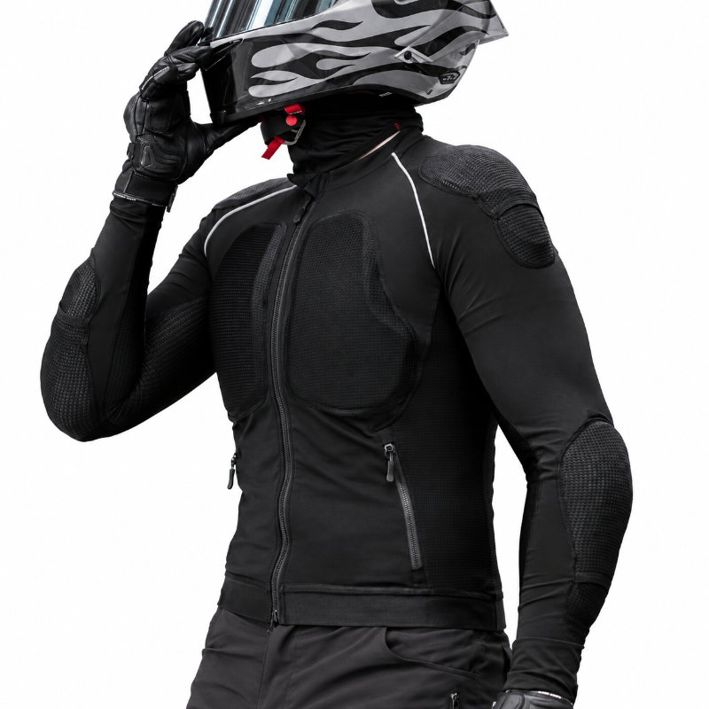 A person wearing a black full-face motorcycle helmet with a clear visor, black gloves, and a black long-sleeve riding jacket with integrated armor padding, shown against a plain white background.