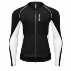 A women's long-sleeve cycling jersey in black and white, featuring a full-length front zipper, zippered hand pockets, and the brand name 'WoSAwE' printed vertically on the chest.