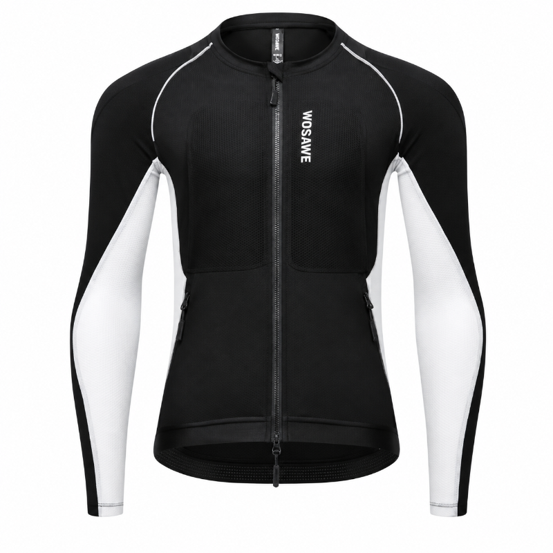 A women's long-sleeve cycling jersey in black and white, featuring a full-length front zipper, zippered hand pockets, and the brand name 'WoSAwE' printed vertically on the chest.