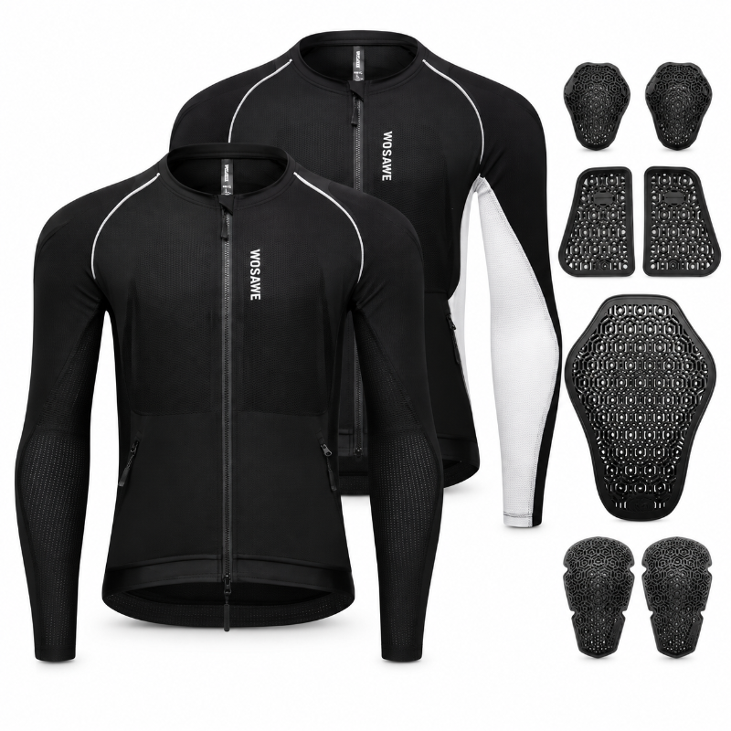 Black long-sleeve cycling jersey with white piping and a white inner sleeve, shown alongside matching black protective pads and knee guards on a white background. The jersey has a vertical WOSAVE logo on the chest.