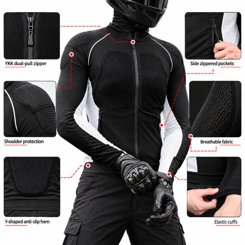 Black and white long-sleeve motorcycle riding jacket with a full front zipper, shown on a model wearing black gloves and pants. The image includes six inset detail callouts with red dotted lines and text labels highlighting features like YKK dual-pull zipper, side zippered pockets, shoulder protection, breathable fabric, Y-shaped anti-slip hem, and elastic cuffs.