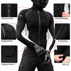 Black and white long-sleeve motorcycle riding jacket with a full front zipper, shown on a model wearing black gloves and pants. The image includes six inset detail callouts with red dotted lines and text labels highlighting features like YKK dual-pull zipper, side zippered pockets, shoulder protection, breathable fabric, Y-shaped anti-slip hem, and elastic cuffs.