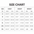 A size chart table showing EU sizes S through 3XL with chest, height, and weight measurements in inches and kilograms.