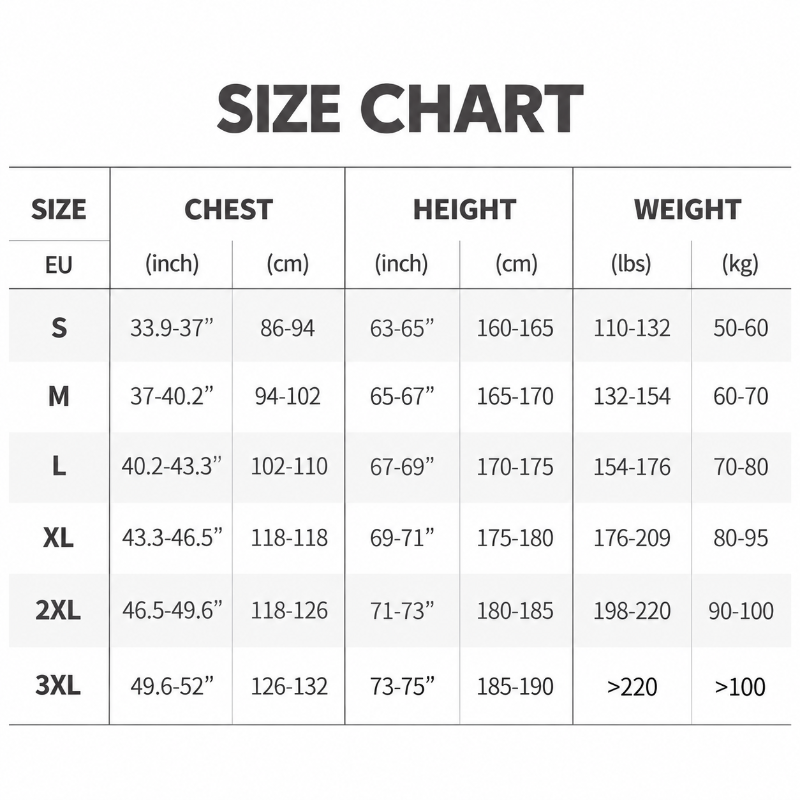A size chart table showing EU sizes S through 3XL with chest, height, and weight measurements in inches and kilograms.