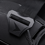 Close-up of a black adjustable strap with a matte black plastic buckle and a textured fabric loop.