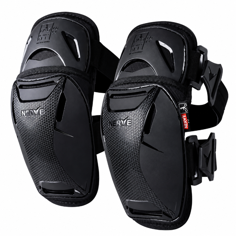 A pair of black Nerve brand knee pads with textured panels and adjustable straps, shown against a plain white background.