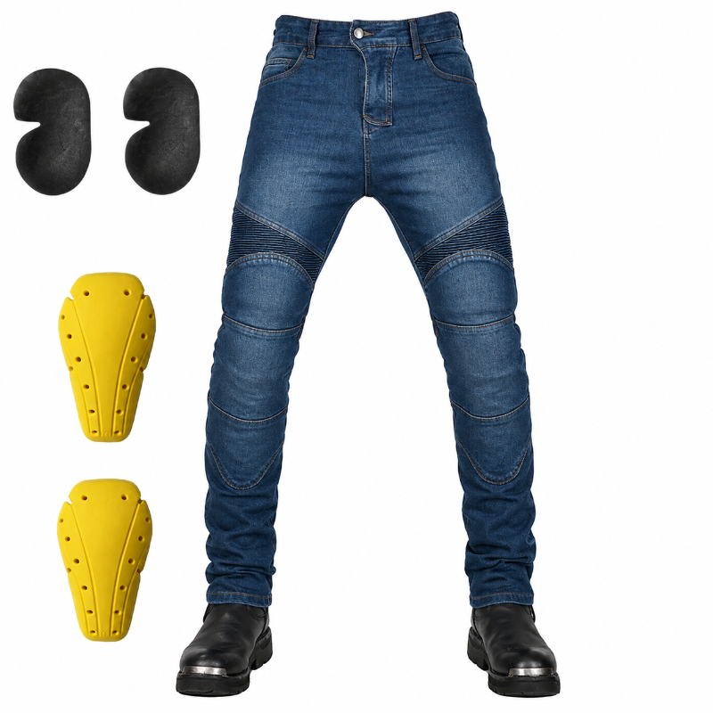 Blue denim motorcycle-style pants with integrated black knee and shin protectors, shown on a white background with two black protective pads and two yellow shin guards displayed separately.