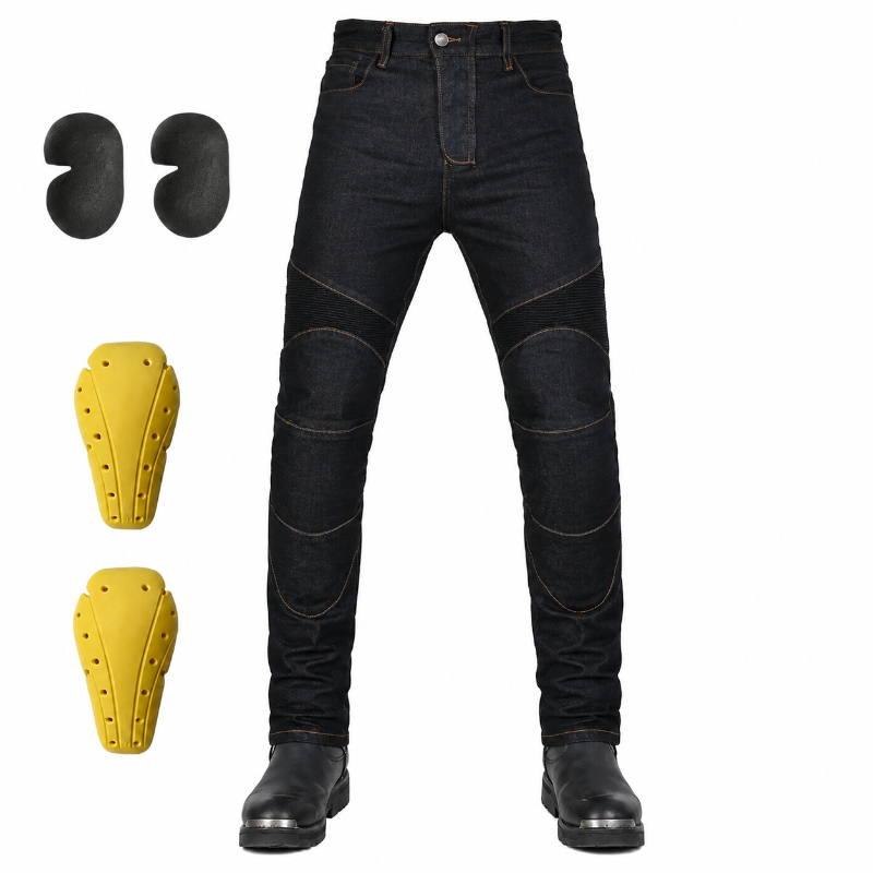 Black denim motorcycle pants with integrated yellow protective armor plates on the thighs and knees, shown on a white background with separate views of the armor pieces.