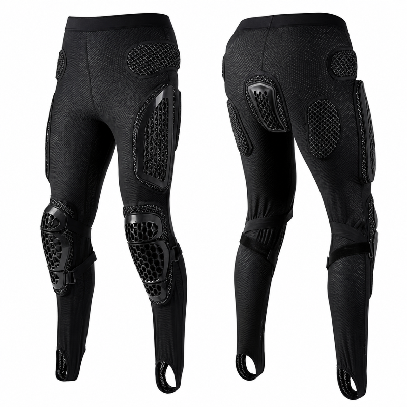 Black full-length protective riding pants shown from the front and back, featuring integrated knee and hip armor pads on a plain white background.