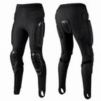 Black full-length protective riding pants shown from the front and back, featuring integrated knee and hip armor pads on a plain white background.