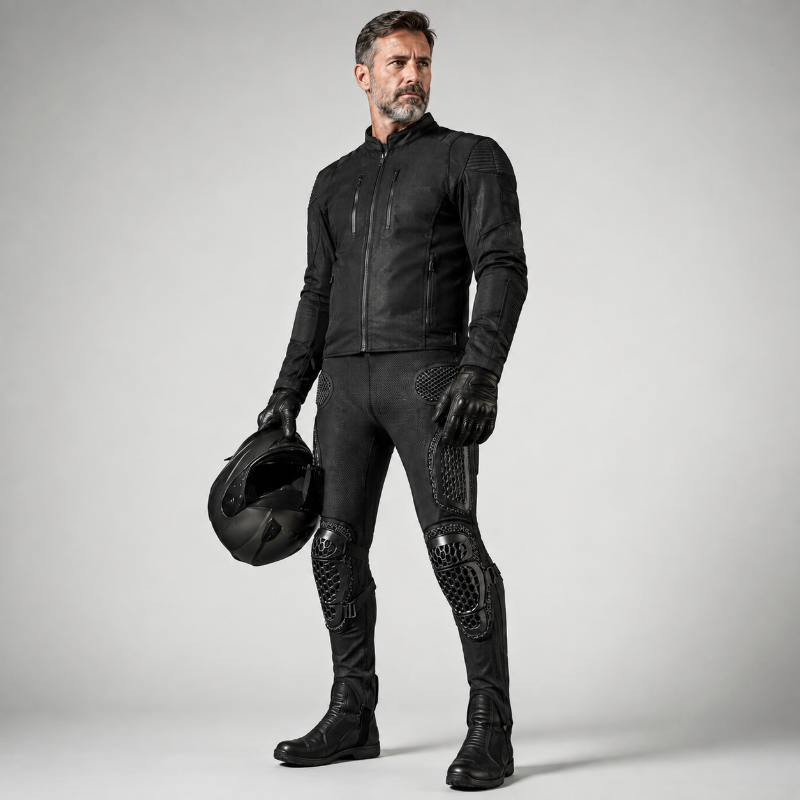A man wearing a black leather motorcycle jacket, matching black pants with integrated knee and shin protection, black gloves, and riding boots, holding a black helmet against a light gray studio background.