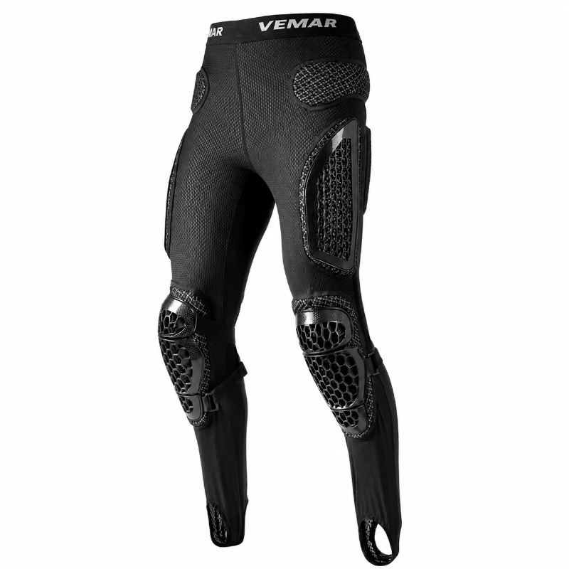 Black full-length protective riding pants with integrated knee and shin guards, shown on a white background.