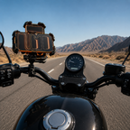A first-person view from a motorcycle on a desert highway with mountains in the background. The motorcycle has a black tank, a round speedometer, and a mounted phone holder with a glowing orange display.
