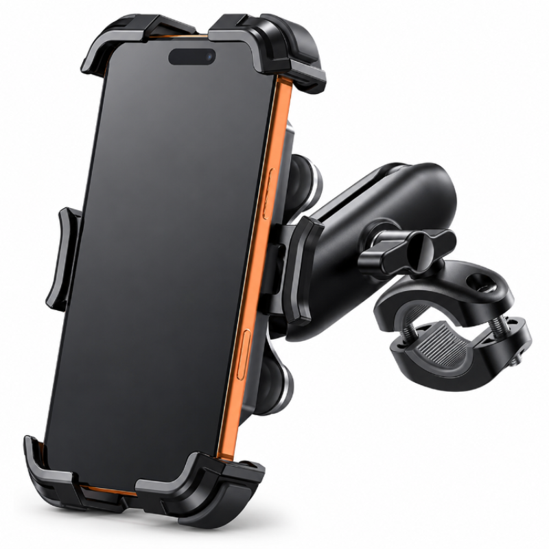 A black adjustable smartphone mount with a clamp-style base and flexible arms, shown holding a phone on a clean white background.