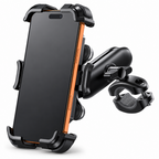 A black adjustable smartphone mount with a clamp-style base and flexible arms, shown holding a phone on a clean white background.