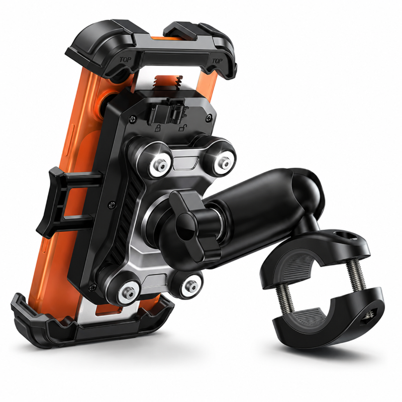 An orange and black adjustable smartphone mount with a black bike clamp arm, shown on a clean white background.