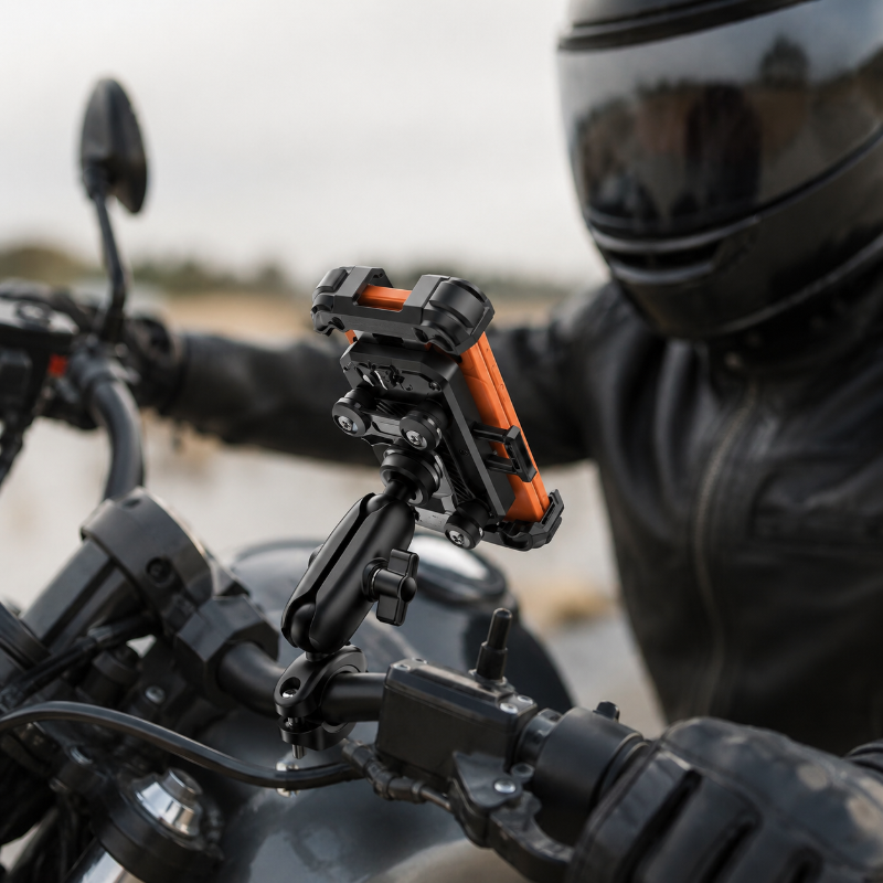 A close-up of a motorcycle handlebar mount holding a smartphone with an orange accent, installed on a motorcycle with a rider in a black helmet and leather jacket blurred in the background.