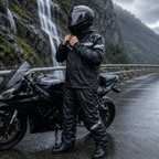 A person in a black motorcycle rain suit and full-face helmet stands beside a black sport bike on a wet mountain road, with a waterfall and rocky cliff in the background.