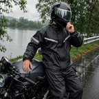 A person wearing a black waterproof motorcycle suit and matching helmet sits on a black motorcycle beside a wet road with water and trees in the background.