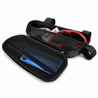 A black zippered bicycle frame bag shown open, displaying its interior compartments. A blue smartphone and red sunglasses are placed inside the pockets as demonstration props.