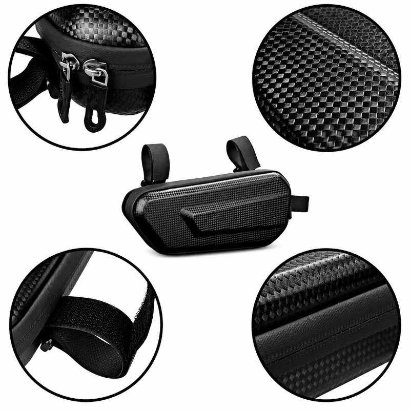 Black carbon-fiber-texture bicycle handlebar bag shown on a white background with four circular detail insets highlighting the zipper, texture, strap attachment, and seam construction.