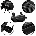 Black carbon-fiber-texture bicycle handlebar bag shown on a white background with four circular detail insets highlighting the zipper, texture, strap attachment, and seam construction.